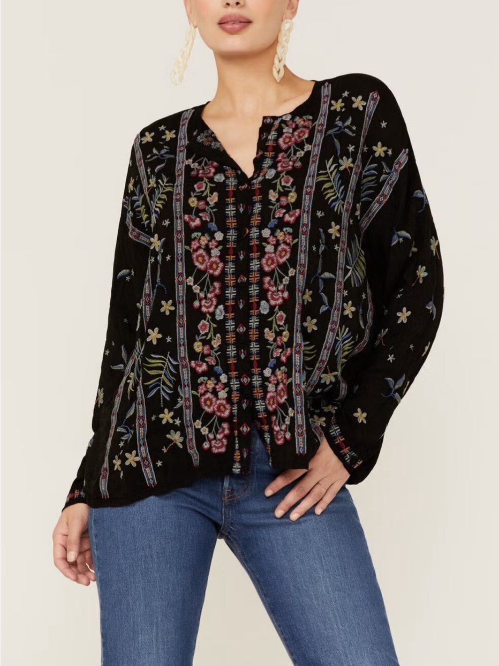 Johnny Was Black Embroidered Floral V-Neck Blouse